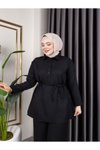 Siyah Gömlek Yaka Ve Önü Düğme Detaylı Belden Bağcıklı Pantolon &amp; Tunik Keten İkili Takım