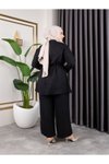 Siyah Gömlek Yaka Ve Önü Düğme Detaylı Belden Bağcıklı Pantolon &amp; Tunik Keten İkili Takım