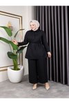 Siyah Gömlek Yaka Ve Önü Düğme Detaylı Belden Bağcıklı Pantolon &amp; Tunik Keten İkili Takım