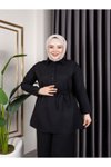 Siyah Gömlek Yaka Ve Önü Düğme Detaylı Belden Bağcıklı Pantolon &amp; Tunik Keten İkili Takım