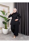 Siyah Gömlek Yaka Ve Önü Düğme Detaylı Belden Bağcıklı Pantolon &amp; Tunik Keten İkili Takım