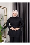 Siyah Gömlek Yaka Ve Önü Düğme Detaylı Belden Bağcıklı Pantolon &amp; Tunik Keten İkili Takım