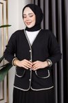 Siyah Önü Cep Detaylı Düğmeli Ve Örgü Kumaş Burgu Hırka