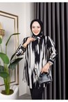 Siyah Ve Spor Giyime Uygun Düğme Detaylı Şık Desenler Dokuma Viskon Gömlek Tunik