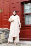 Stone Summer Shirt Collar and Front Button Linen Fabric Long Tunic, Pants Two-Piece Set