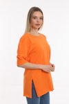 Turuncu Düz Uzun Ve Yırtmaçlı Duble Kol Önü Baskısız T-shirt Tunik