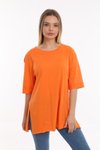 Turuncu Düz Uzun Ve Yırtmaçlı Duble Kol Önü Baskısız T-shirt Tunik