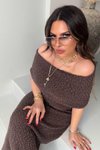 Acı Kahve Buklet Efekt Madonna Yaka Uzun Triko Elbise