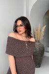 Acı Kahve Buklet Efekt Madonna Yaka Uzun Triko Elbise