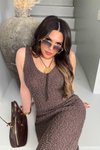 Acı Kahve Buklet Efekt V Yaka Triko Elbise