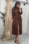 Acı Kahve Kuşaklı Midi Gömlek Kot Elbise
