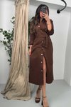 Acı Kahve Kuşaklı Midi Gömlek Kot Elbise