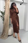 Acı Kahve Kuşaklı Midi Gömlek Kot Elbise