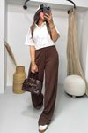 Acı Kahve Lastikli Keten Pamuk Palazzo Pantolon