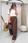Acı Kahve Lastikli Keten Pamuk Palazzo Pantolon