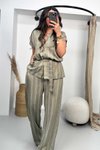 Açık Haki Çizgili Kuşaklı Buruşuk Viskon Takım