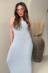 Açık Mavi Buklet Efekt Reglan Yaka Uzun Triko Elbise