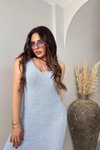 Açık Mavi Buklet Efekt V Yaka Uzun Triko Elbise