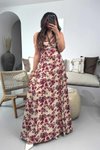 Burgundy Cream Elastic Strap Patterned Viscose Long Dress