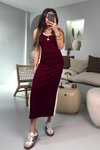 Bordo Modal Kumaş Şeritli Yırtmaçlı Uzun Elbise
