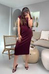 Bordo Modal Kumaş Yarım Kuşaklı Midi Elbise