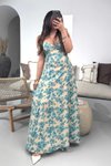 Ekru Mavi Lastik İp Askılı Desenli Viskon Uzun Elbise