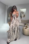 Ekru Siyah Lastik İp Askılı Desenli Viskon Uzun Elbise