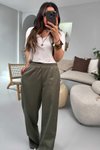 Haki Gabardin Kumaş Beli Lastikli Palazzo Pantolon