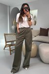 Haki Gabardin Kumaş Beli Lastikli Palazzo Pantolon
