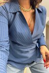 İndigo Mavi Çizgili Kruvaze Bağcık Detaylı Gömlek