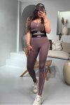 Kahverengi Marka Model Biye Detay Tayt Crop Takım