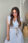 Mavi Beyaz Çizgili Kruvaze Hasır Örme İp Detay Uzun Elbise