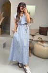 Mavi Beyaz Çizgili Kruvaze Hasır Örme İp Detay Uzun Elbise