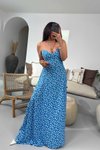 Mavi Ekru Lastik İp Askılı Desenli Viskon Uzun Elbise