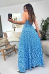 Mavi Ekru Lastik İp Askılı Desenli Viskon Uzun Elbise