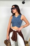 Mavi Likralı Jean Çapraz Kesim Crop