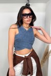 Mavi Likralı Jean Çapraz Kesim Crop