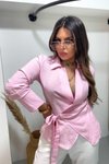Pembe Çizgili Kruvaze Bağcık Detaylı Gömlek