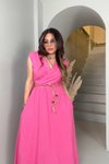 Pembe Kruvaze Hasır Örme İp Detay Uzun Elbise
