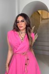 Pembe Kruvaze Hasır Örme İp Detay Uzun Elbise