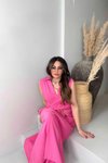Pembe Kruvaze Hasır Örme İp Detay Uzun Elbise