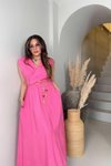Pembe Kruvaze Hasır Örme İp Detay Uzun Elbise