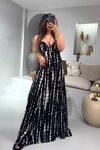 Siyah Ekru Lastik İp Askılı Desenli Viskon Uzun Elbise