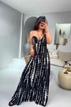 Siyah Ekru Lastik İp Askılı Desenli Viskon Uzun Elbise