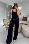 Siyah Gabardin Kumaş Beli Lastikli Palazzo Pantolon