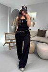 Siyah Gabardin Kumaş Beli Lastikli Palazzo Pantolon