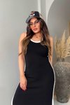 Siyah Modal Kumaş Şeritli Yırtmaçlı Midi Elbise