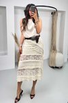 Taş Asimetrik Detaylı Dantel Midi Etek