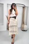 Taş Asimetrik Detaylı Dantel Midi Etek