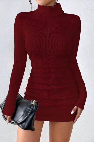 Burgundy Turtleneck Draped Stretchy Ribbed Mini Dress